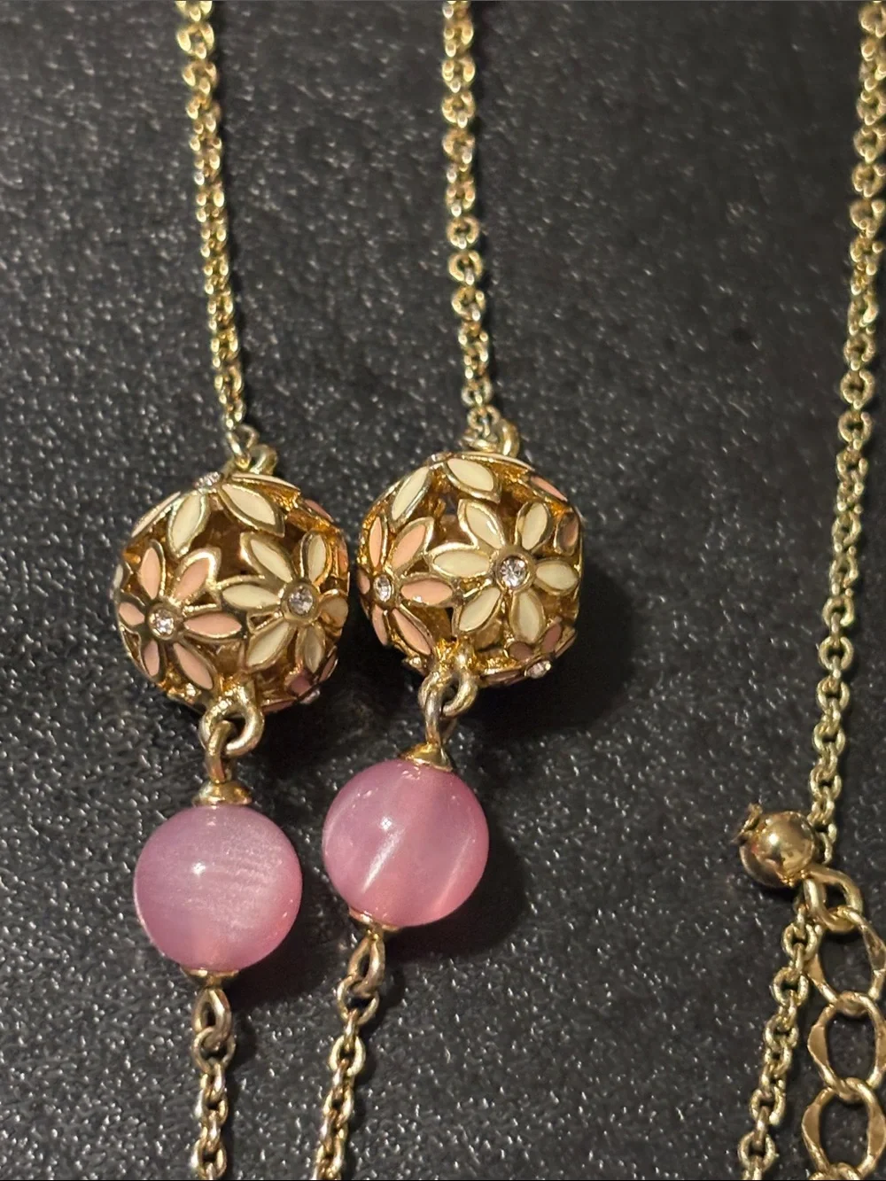 kate spade At‎ First Blush Gold Floral Enamel Necklace with Pink Bead Drops